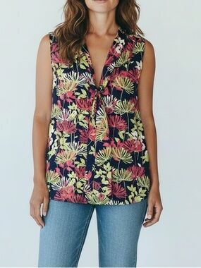 Banana Republic Tropical Navy and Floral Sleeveless Tie-Neck Top